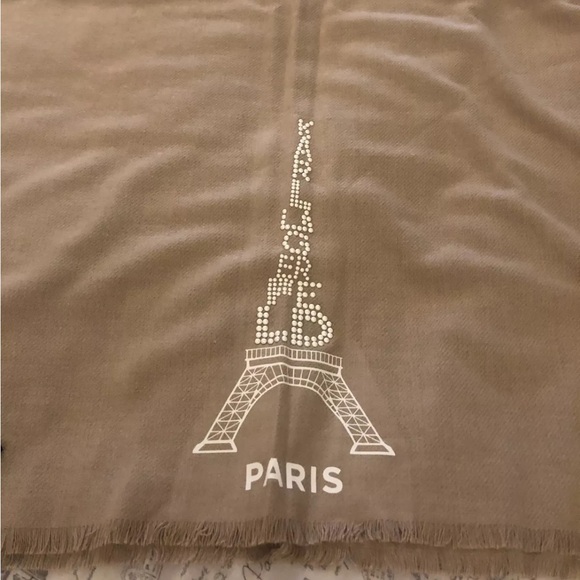Karl Lagerfeld Paris Camel Rectangular Scarf Studded Logo & Eiffel Tower OS NWT - Picture 7 of 12